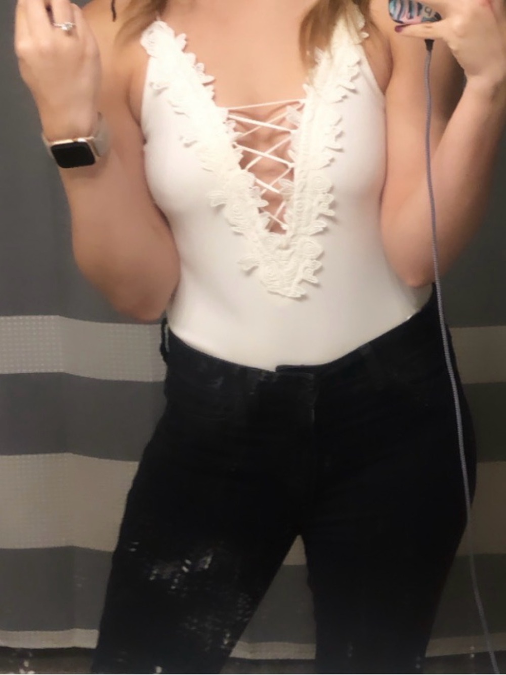 Express White Lace V-Neck One-Piece Bodysuit